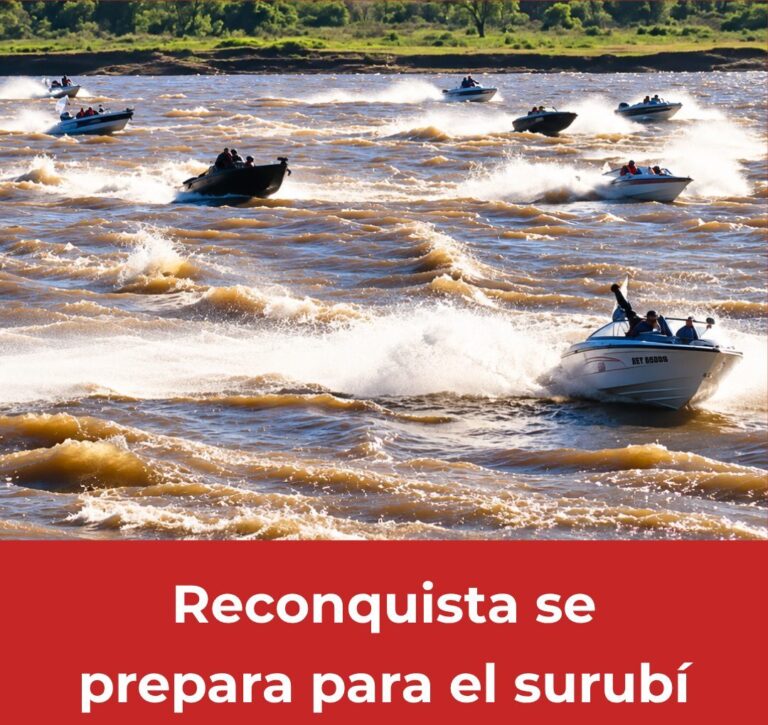 Lanchas rápidas avanzan sobre un río de aguas marrones, levantando espuma y olas. Al fondo se ve la ribera verde con árboles. En la parte inferior aparece un banner rojo con el texto: 'Reconquista se prepara para el surubí – 5 días de pesca, shows y actividades.