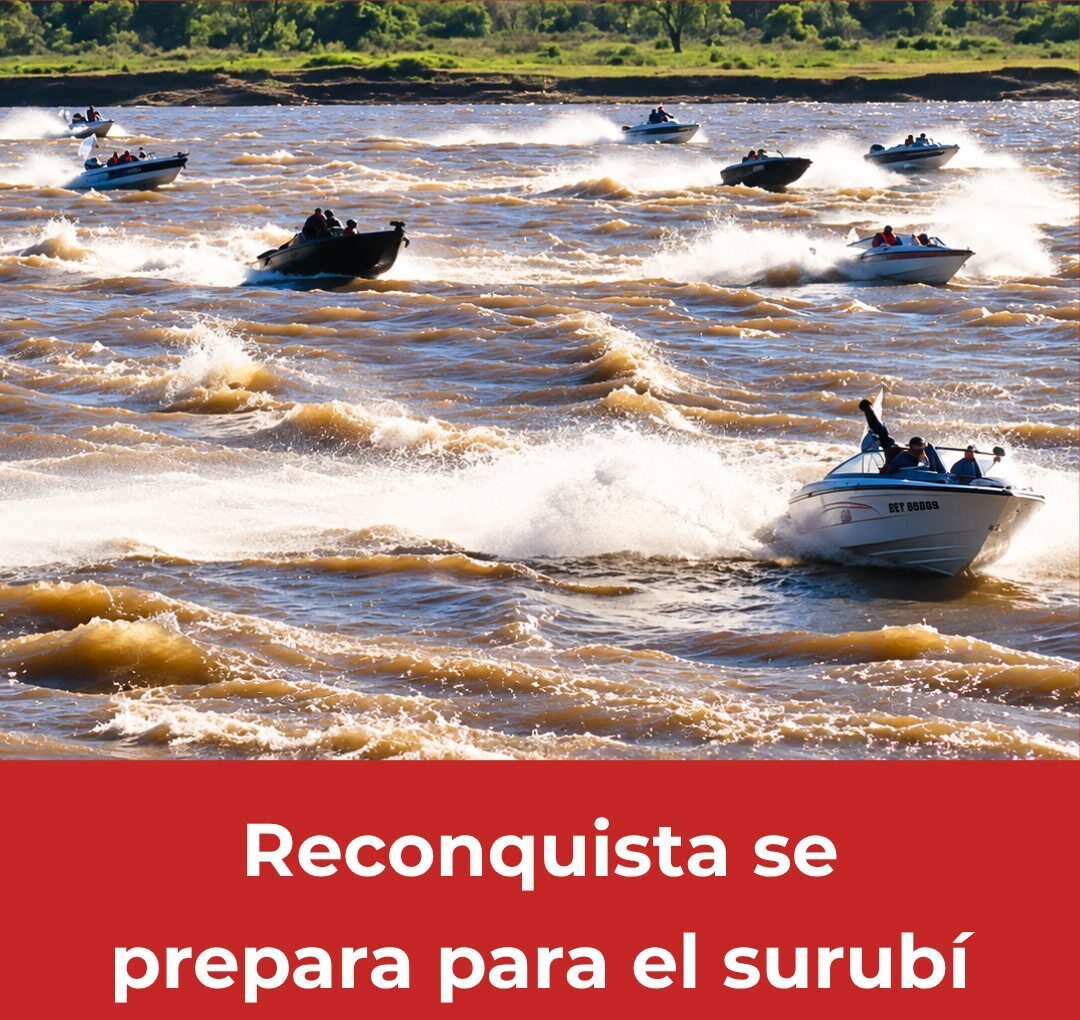 "Lanchas rápidas avanzan sobre un río de aguas marrones, levantando espuma y olas. Al fondo se ve la ribera verde con árboles. En la parte inferior aparece un banner rojo con el texto: 'Reconquista se prepara para el surubí – 5 días de pesca, shows y actividades.