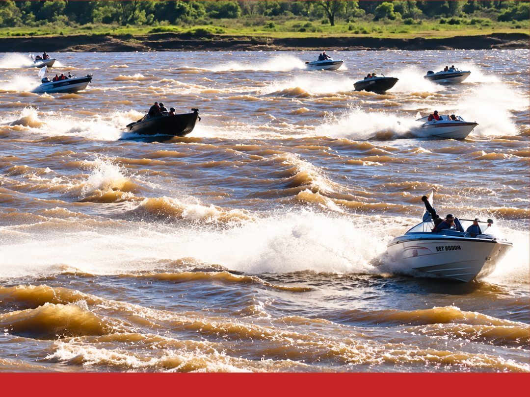"Lanchas rápidas avanzan sobre un río de aguas marrones, levantando espuma y olas. Al fondo se ve la ribera verde con árboles. En la parte inferior aparece un banner rojo con el texto: 'Reconquista se prepara para el surubí – 5 días de pesca, shows y actividades.