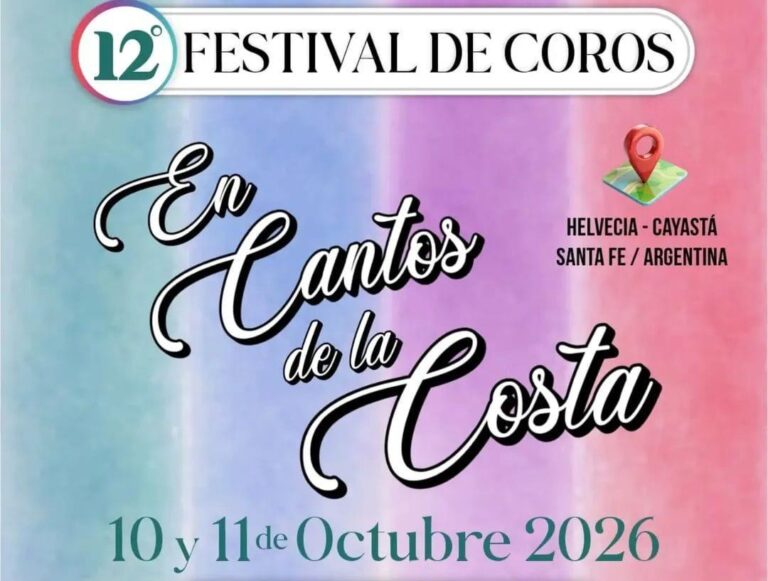 Folleto promocional del 12° Festival de Coros En Cantos de la Costa, programado para los días 10 y 11 de octubre de 2026 en Helvecia y Cayastá, Santa Fe, Argentina. El diseño tiene un fondo celeste y rosa, letras en cursiva blanca y los logotipos de los organizadores locales junto a los números de contacto para informes.