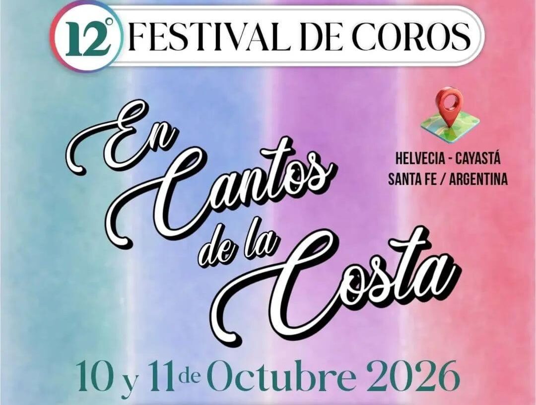 Folleto promocional del 12° Festival de Coros "En Cantos de la Costa", programado para los días 10 y 11 de octubre de 2026 en Helvecia y Cayastá, Santa Fe, Argentina. El diseño tiene un fondo celeste y rosa, letras en cursiva blanca y los logotipos de los organizadores locales junto a los números de contacto para informes.